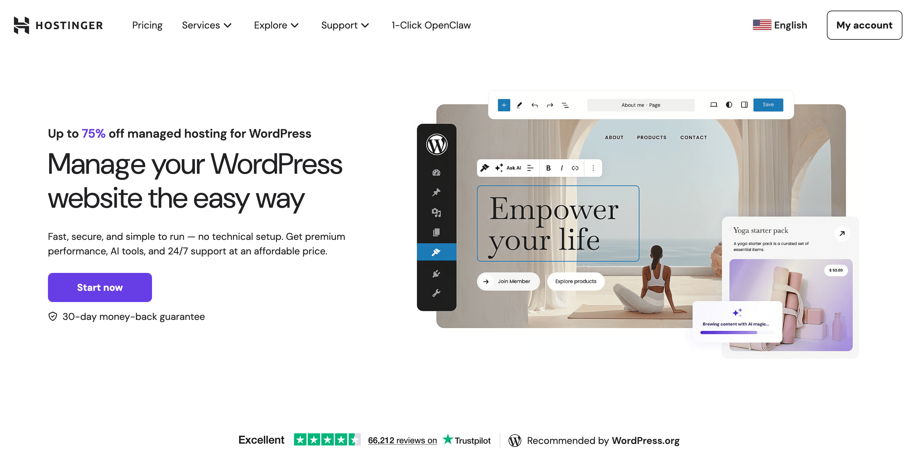 Hostinger WordPress hosting plans page showing LiteSpeed-based stack, AI tools, and 99.9% uptime guarantee.