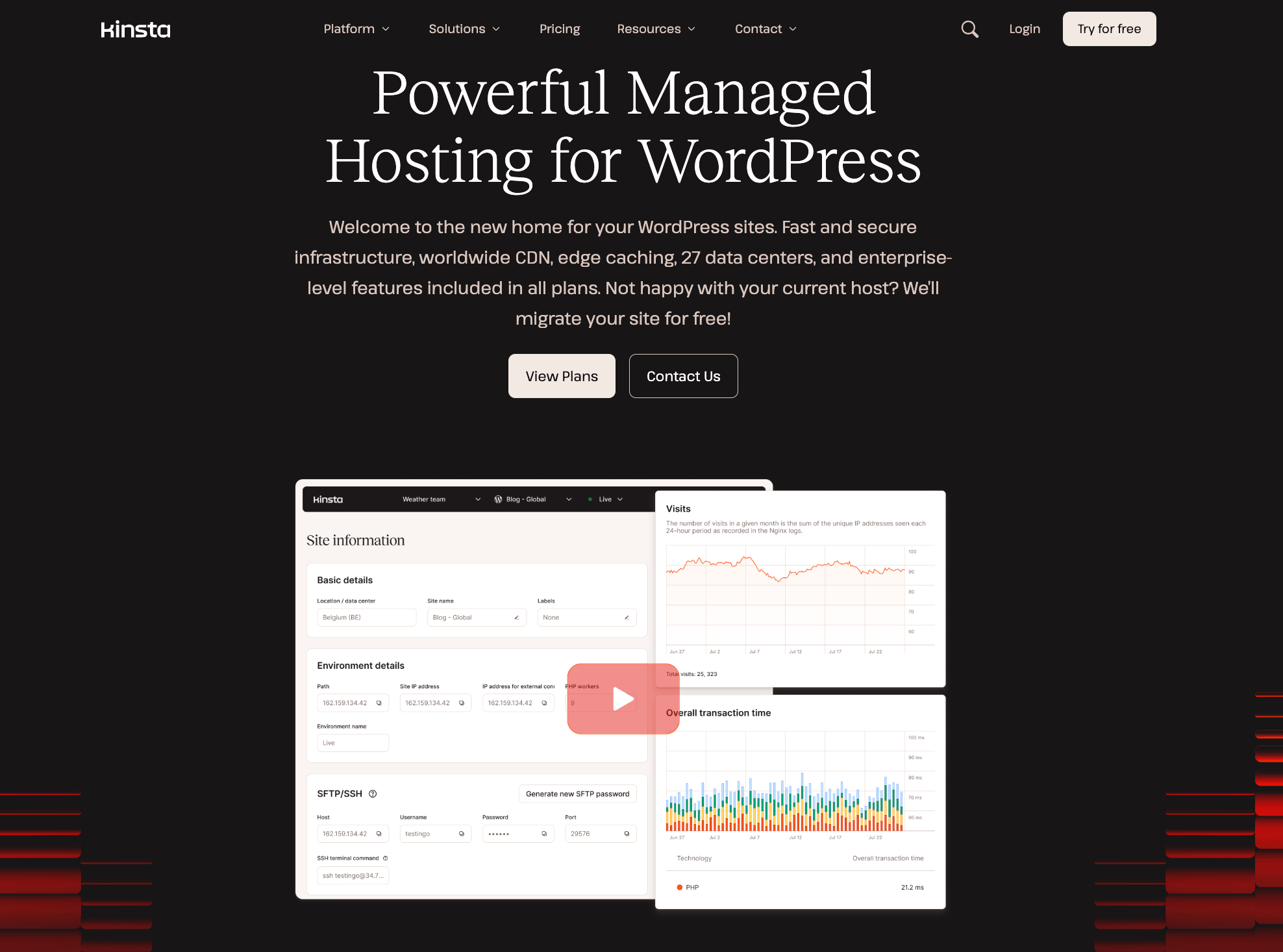Kinsta managed WordPress hosting plans page showing Google Cloud infrastructure and Cloudflare CDN.