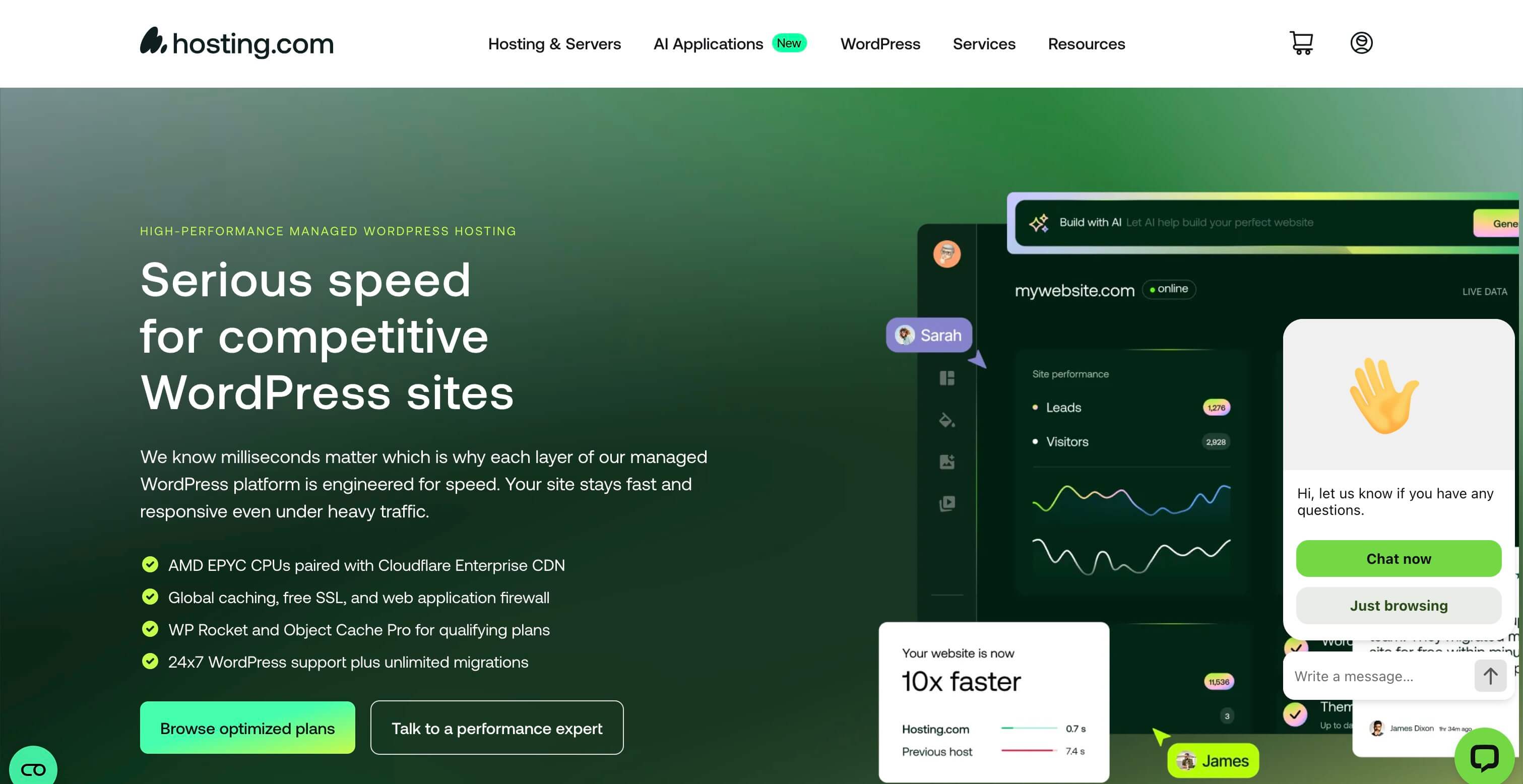Hosting.com (formerly A2 Hosting) managed WordPress page showing Cloudflare Enterprise and AMD EPYC infrastructure.