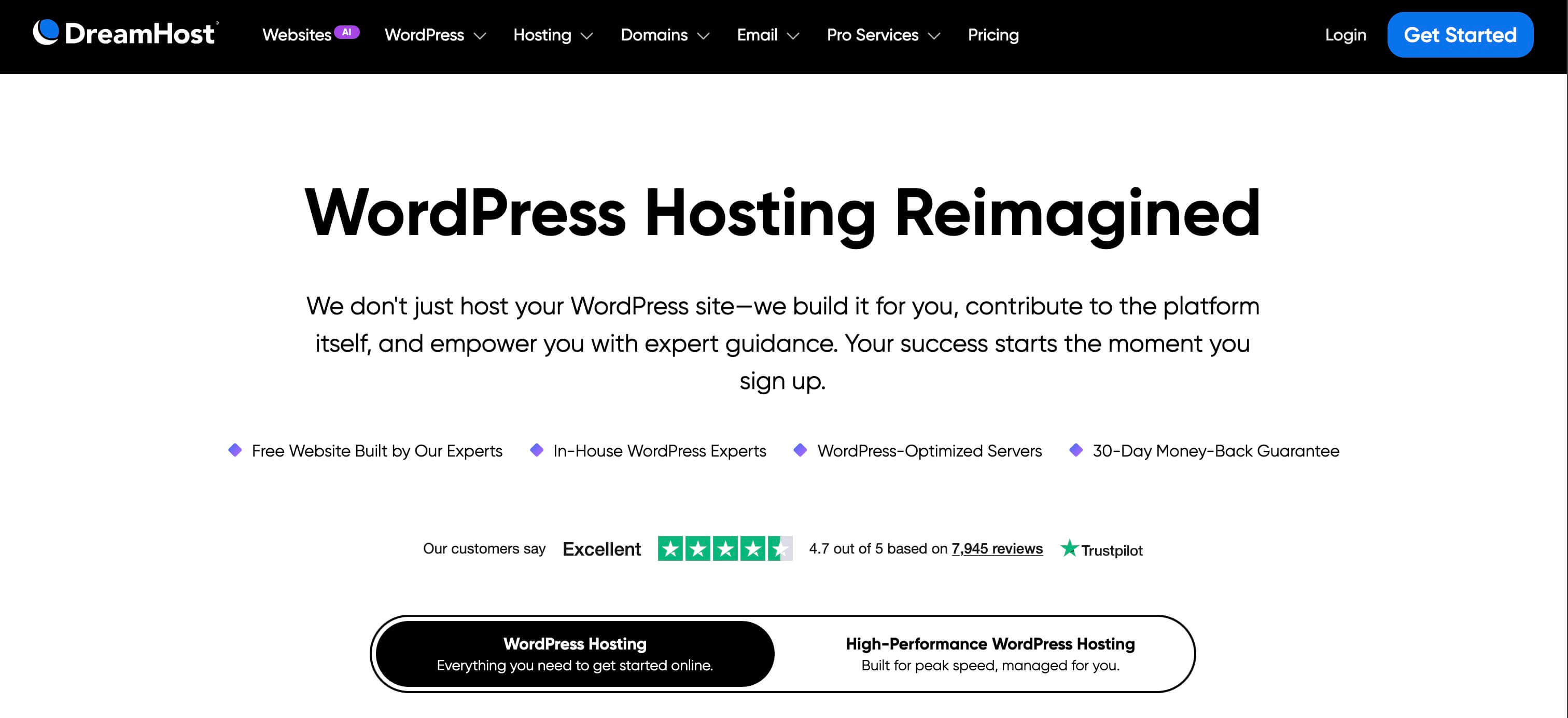 DreamHost WordPress hosting page showing NVMe storage, free SSL, and DreamPress managed upgrade tier.