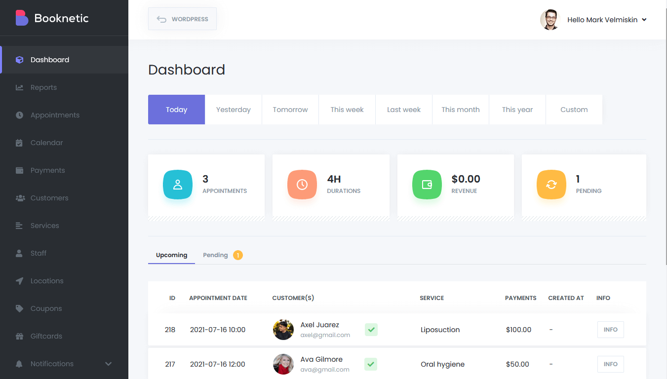 Booknetic admin dashboard