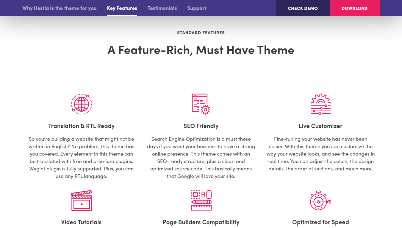 Hestia theme features