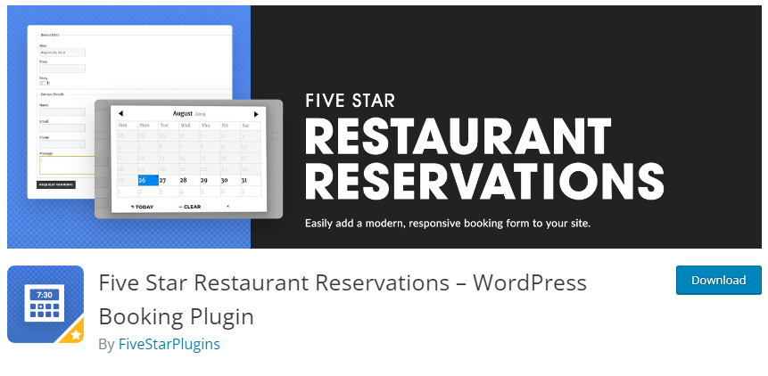 Five Star Restaurant Reservations – WordPress Booking Plugin