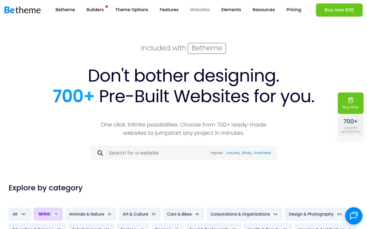 BeTheme prebuilt websites landing showing the "Don't bother designing. 700+ Pre-Built Websites for you." headline with the Explore by category filters (muffingroup.com/betheme/prebuilt-websites, captured 2026-05-23)