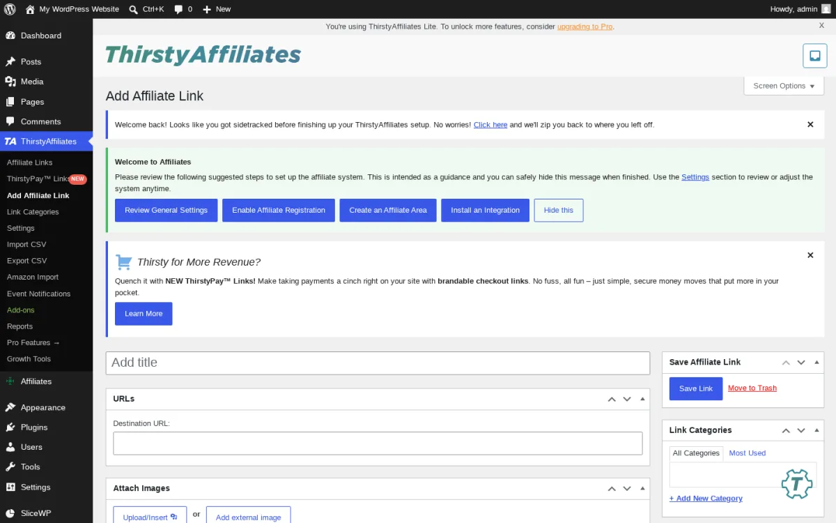 ThirstyAffiliates Add Affiliate Link admin screen showing the URL Destination URL field, Attach Images uploader, Save Affiliate Link button, Link Categories sidebar, and Link Options including the no-follow toggle and the open-in-new-window setting