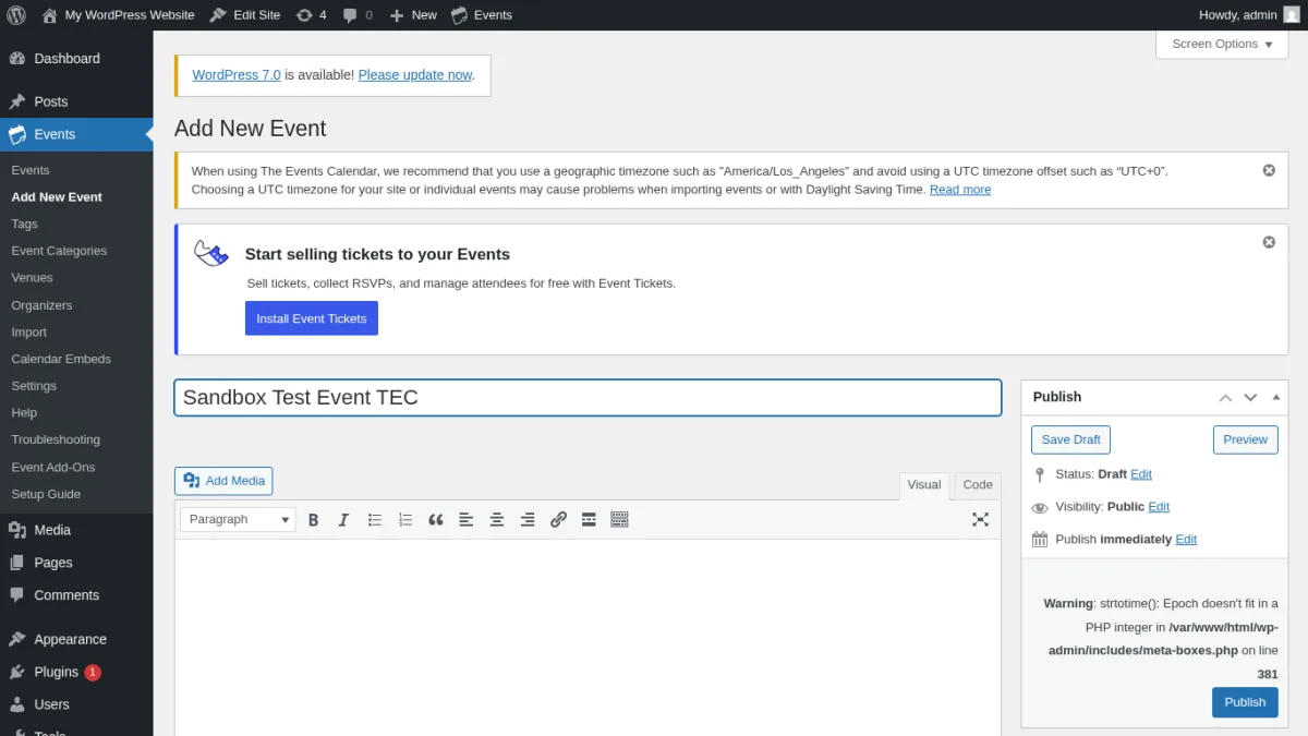 The Events Calendar event editor screen