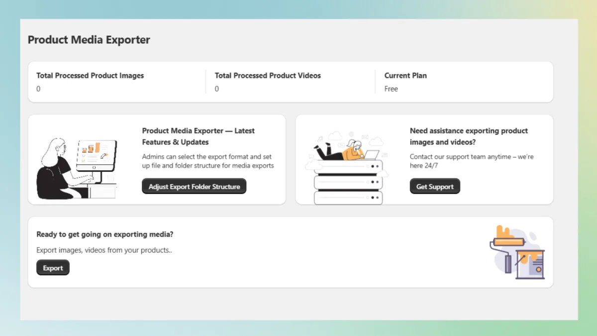 Product Media Exporter showing bulk download interface for product images and videos with folder organization options