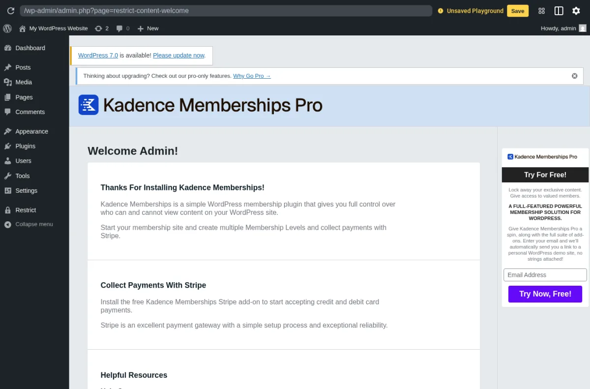 Kadence Memberships Pro Welcome page inside a real WordPress install after activation showing the Thanks For Installing Kadence Memberships intro, the Stripe payments callout, the Restrict top-level menu in the sidebar, and the Try For Free Kadence Memberships Pro panel