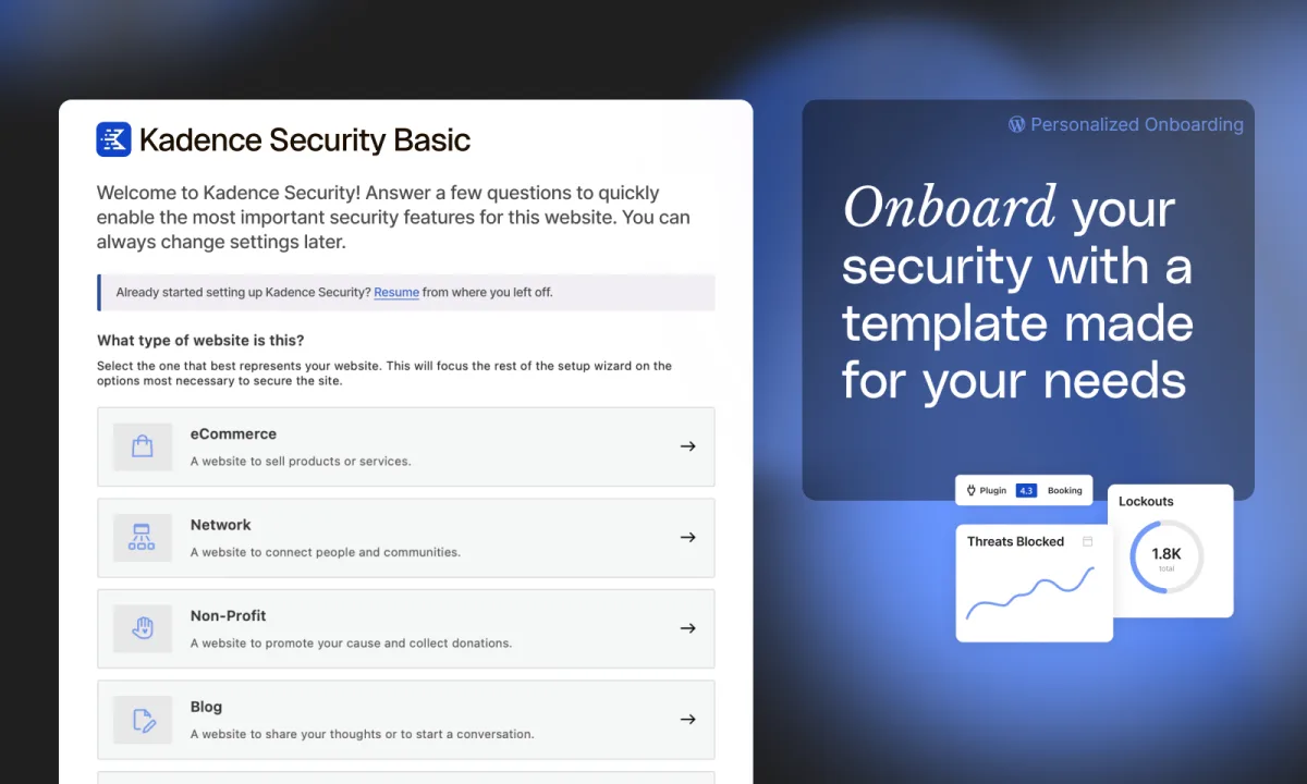 Kadence Security (formerly iThemes Security) WordPress admin dashboard showing the security check, brute force protection, and hardening modules