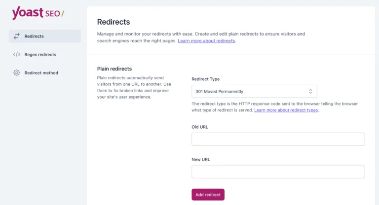 Yoast SEO Redirect Manager screen showing the Plain redirects tab with redirect type, old URL and new URL fields