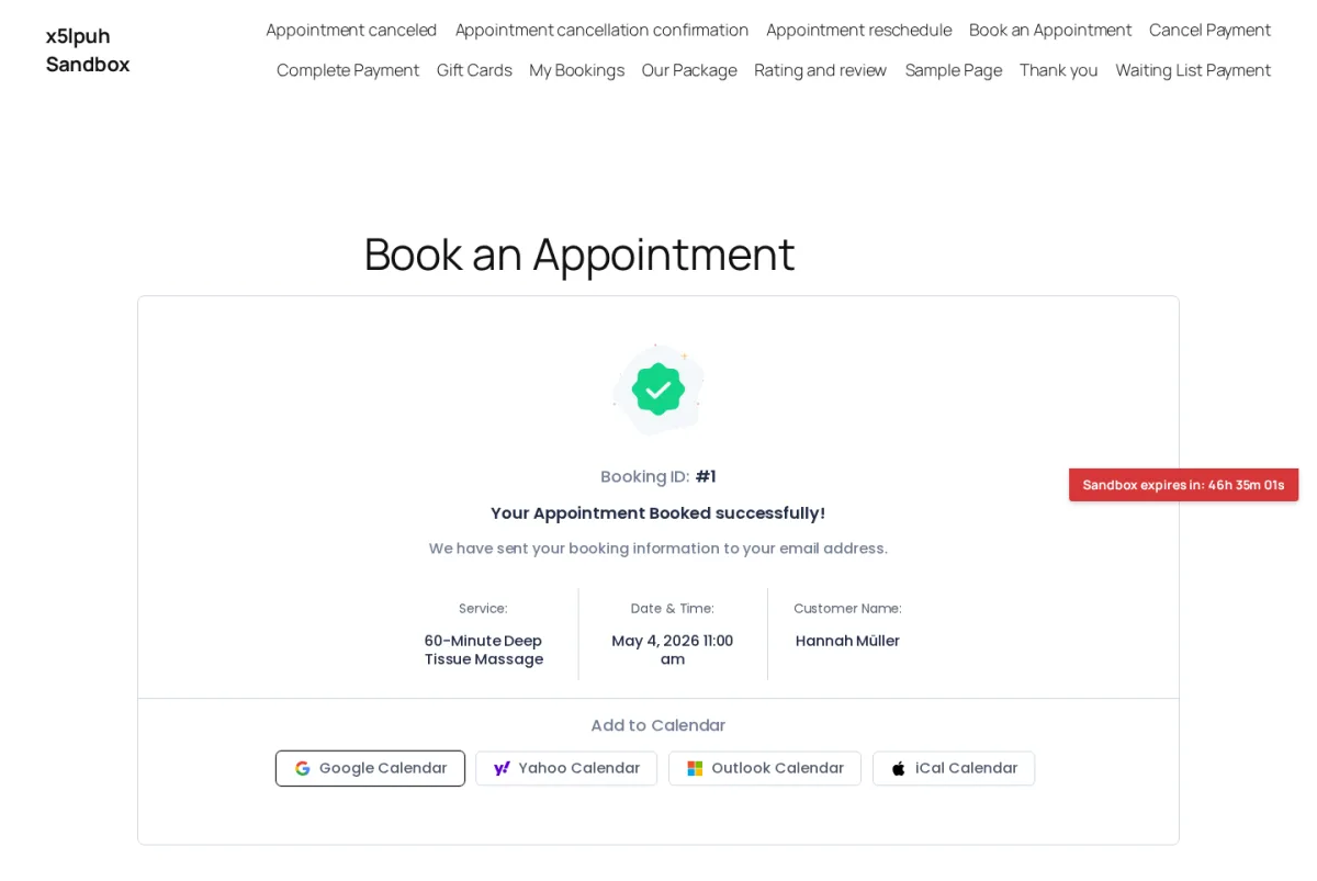 BookingPress booking confirmation — Booking ID with Add to Calendar shortcuts for Google, Yahoo, Outlook, iCal