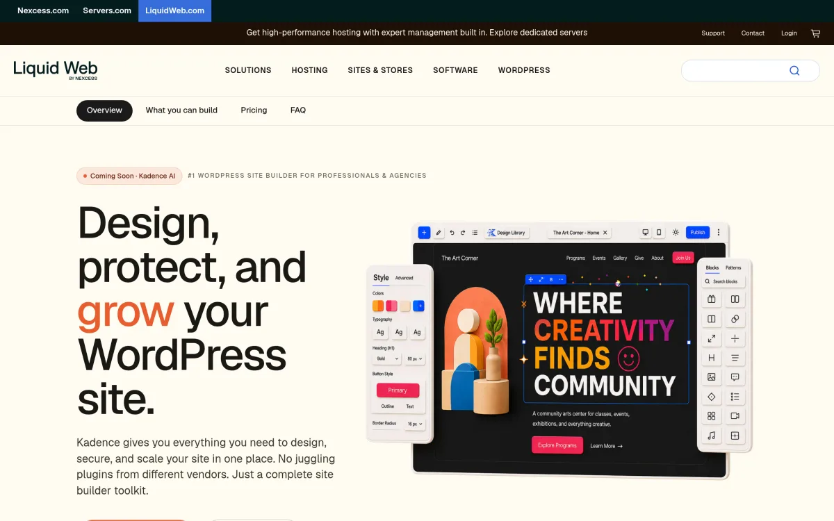 Kadence WordPress site builder product page on Liquid Web showing the 