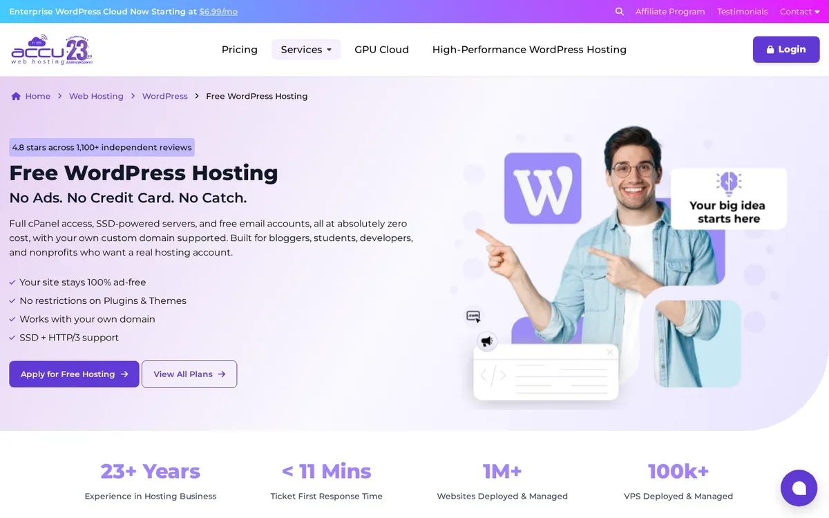 AccuWeb Free WordPress Hosting page promising no ads, no credit card, full cPanel access, SSD-powered servers, and a custom domain on the free plan.