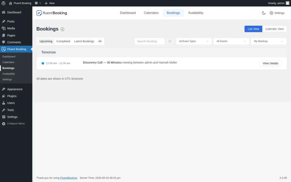 FluentBooking admin Bookings list with Upcoming tab