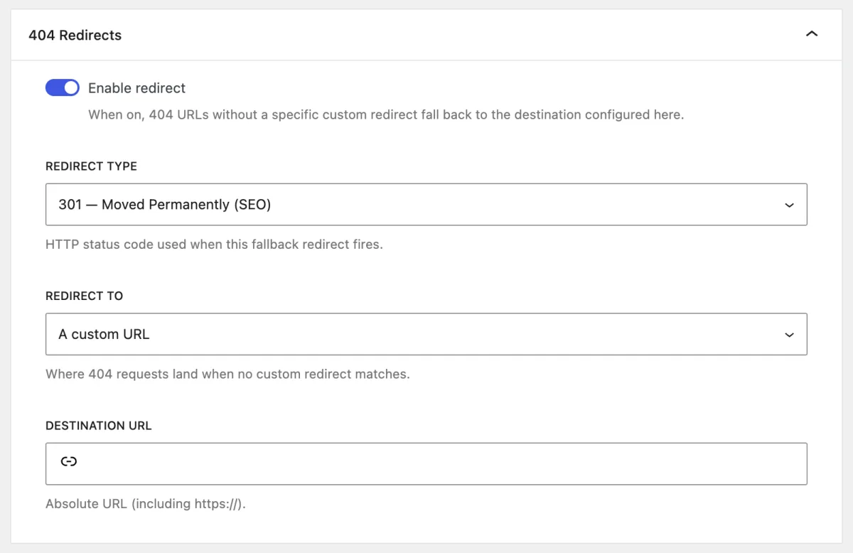 404 to 301 settings showing the 404 Redirects fallback with redirect type and destination URL fields