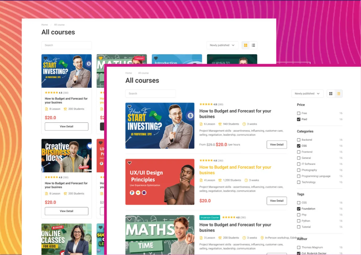 LearnPress course layout on the front-end showing a course catalog with cover images, brief descriptions, category filters and call-to-action buttons