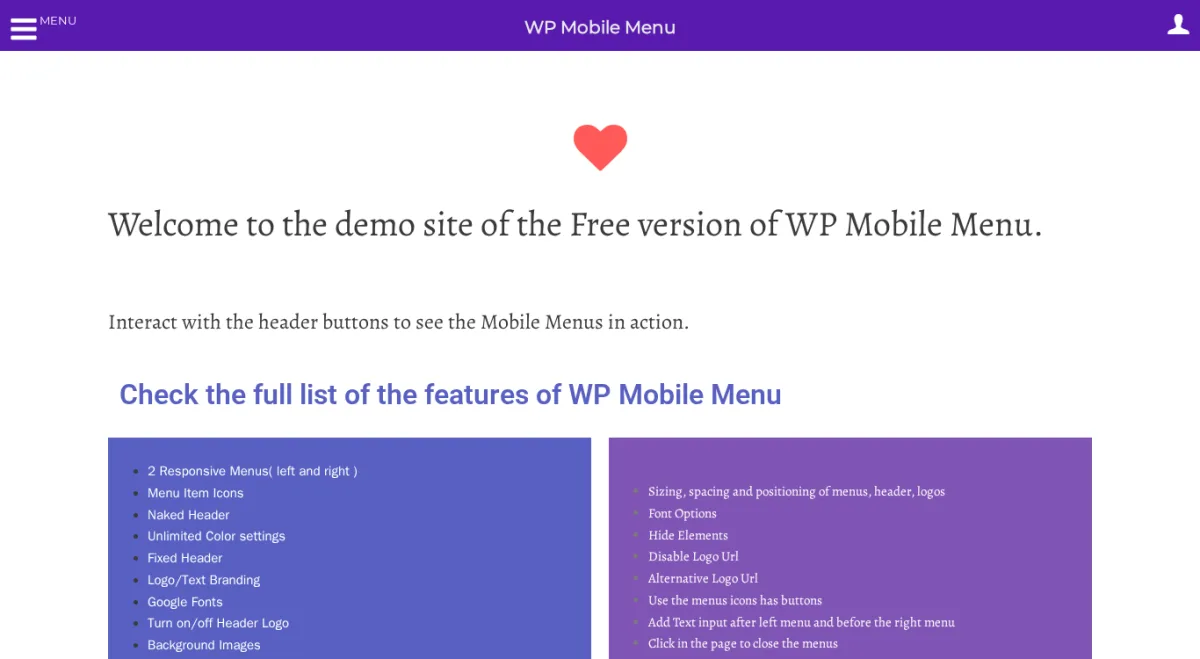 WP Mobile Menu free-version demo with the hamburger toggle and full feature list visible