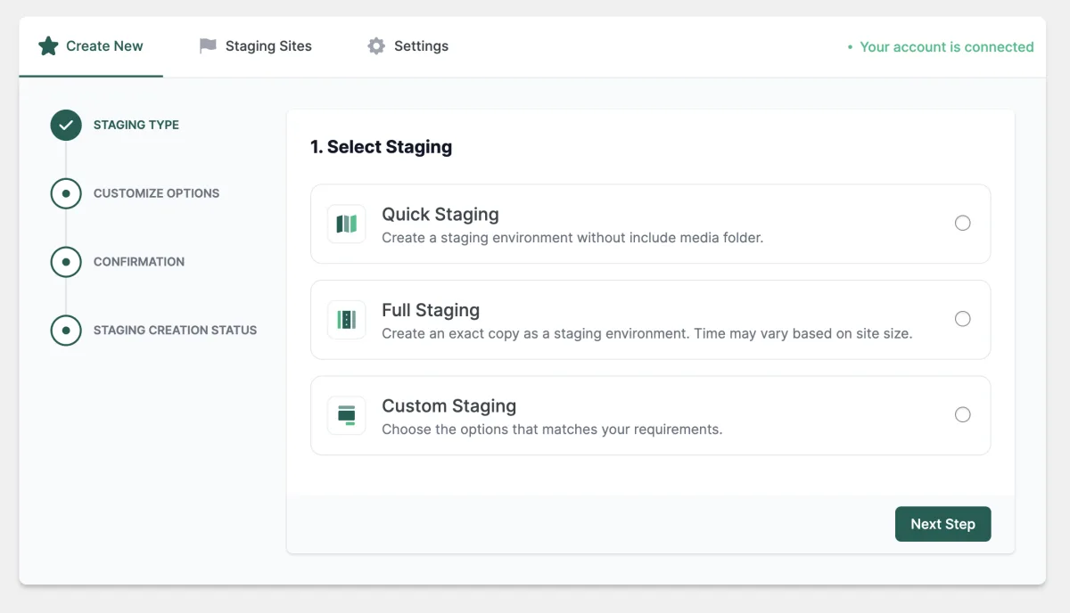 InstaWP Connect interface for connecting a WordPress site to a cloud staging environment
