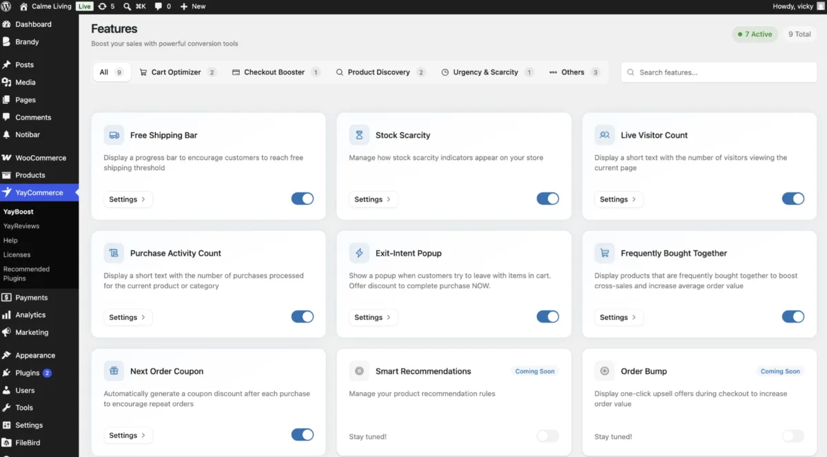 YayBoost sales booster for WooCommerce settings panel showing the available conversion modules including free shipping bar, exit-intent popup, stock scarcity, live visitor count, frequently bought together, and next-order coupon