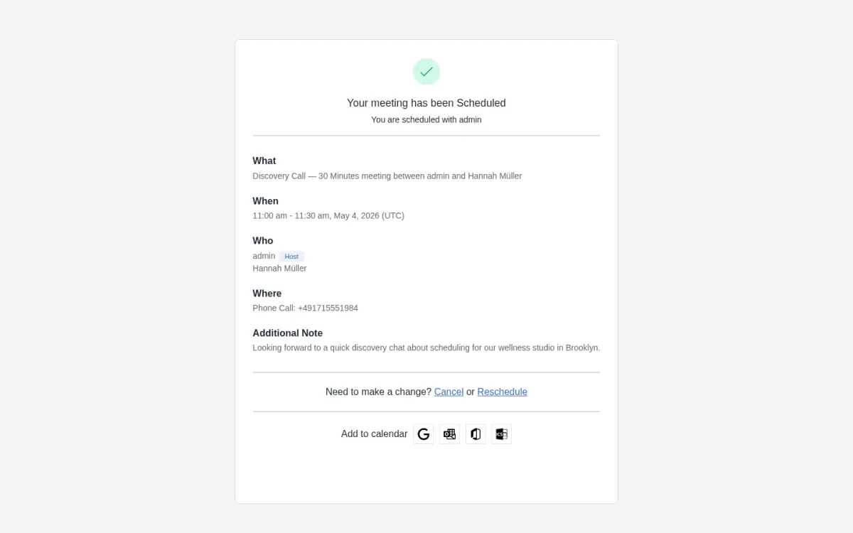 FluentBooking confirmation page with What/When/Who/Where, Cancel or Reschedule and Add to calendar