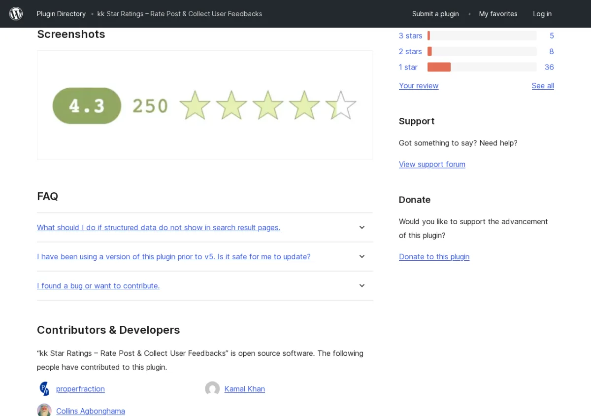 kk Star Ratings frontend widget showing a score of 4.3 out of 5 stars from 250 votes displayed in a horizontal bar with large yellow star icons