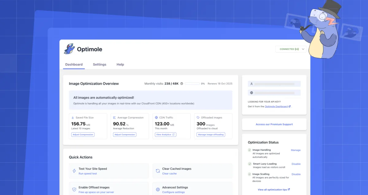 Optimole wp-admin dashboard showing connected account status, images optimized count, bandwidth saved, recent activity list, and CDN status panel.