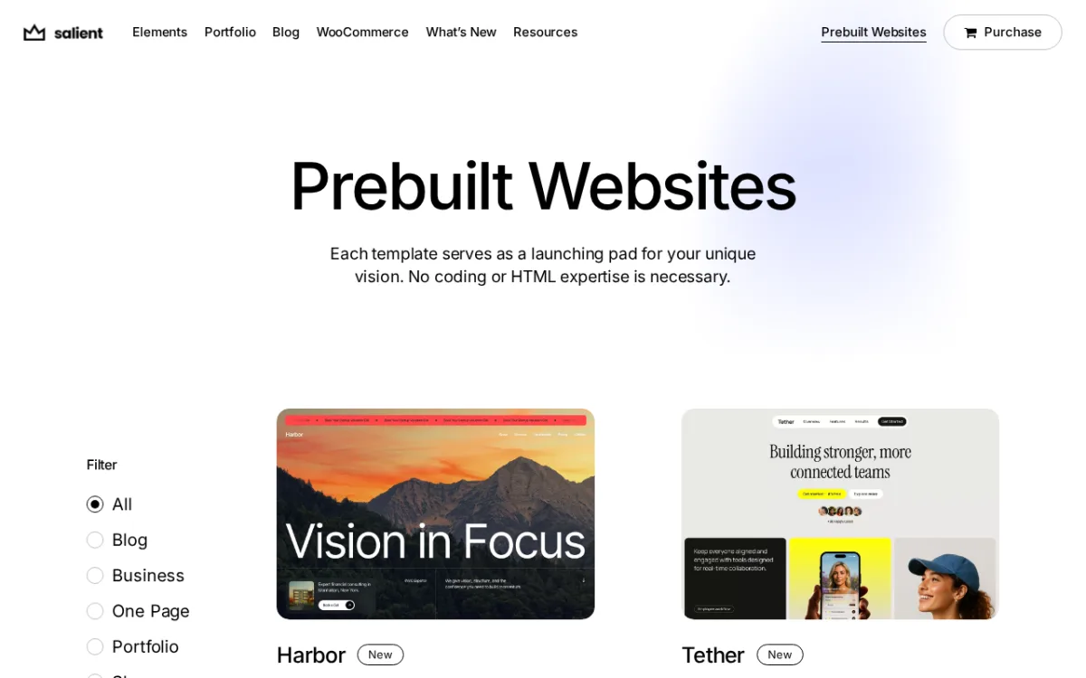Salient prebuilt websites gallery showing Harbor and Tether business demo cards (themenectar.com/salient/prebuilt-websites, captured 2026-05-23)