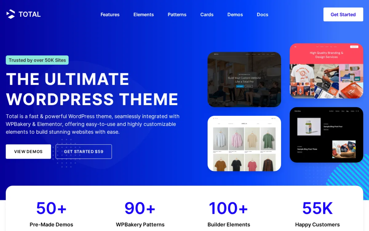 Total WordPress theme marketing page showing 50+ pre-made demos and feature stats (total.wpexplorer.com, captured 2026-05-23)