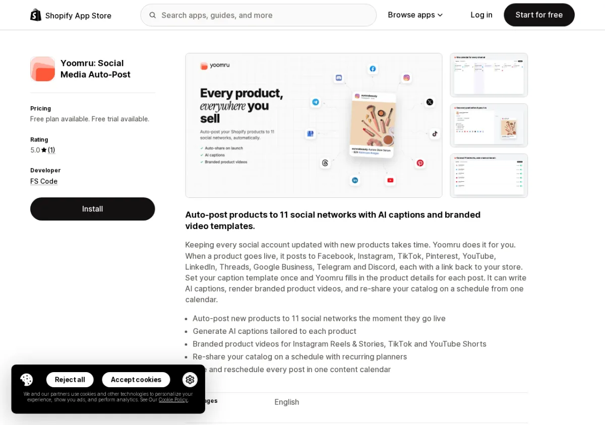 Yoomru Social Media Auto-Post Shopify App Store listing showing the app name, 5.0-star rating, and auto-posting feature screenshots
