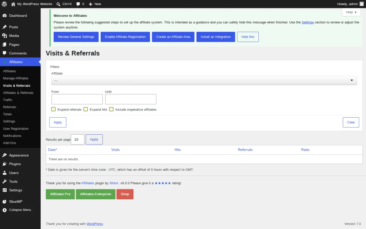 Affiliates by itthinx WordPress admin showing the Visits and Referrals screen with the Welcome to Affiliates quick-start banner and the Affiliates sidebar menu with Manage Affiliates, Visits and Referrals, Affiliates and Referrals, Traffic, Referrals, Totals, Settings, User Registration, Notifications and Add-Ons items