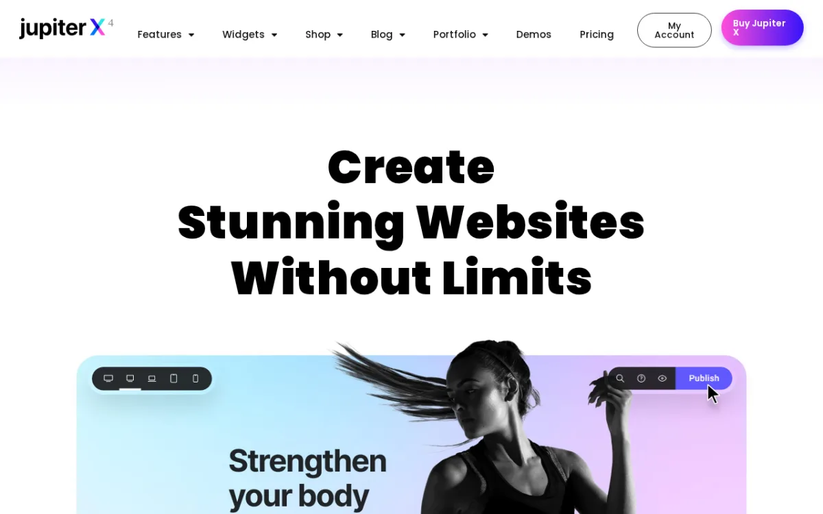 JupiterX 4 landing page showcasing the Create Stunning Websites Without Limits headline and Elementor editor preview (jupiterx.com, captured 2026-05-23)
