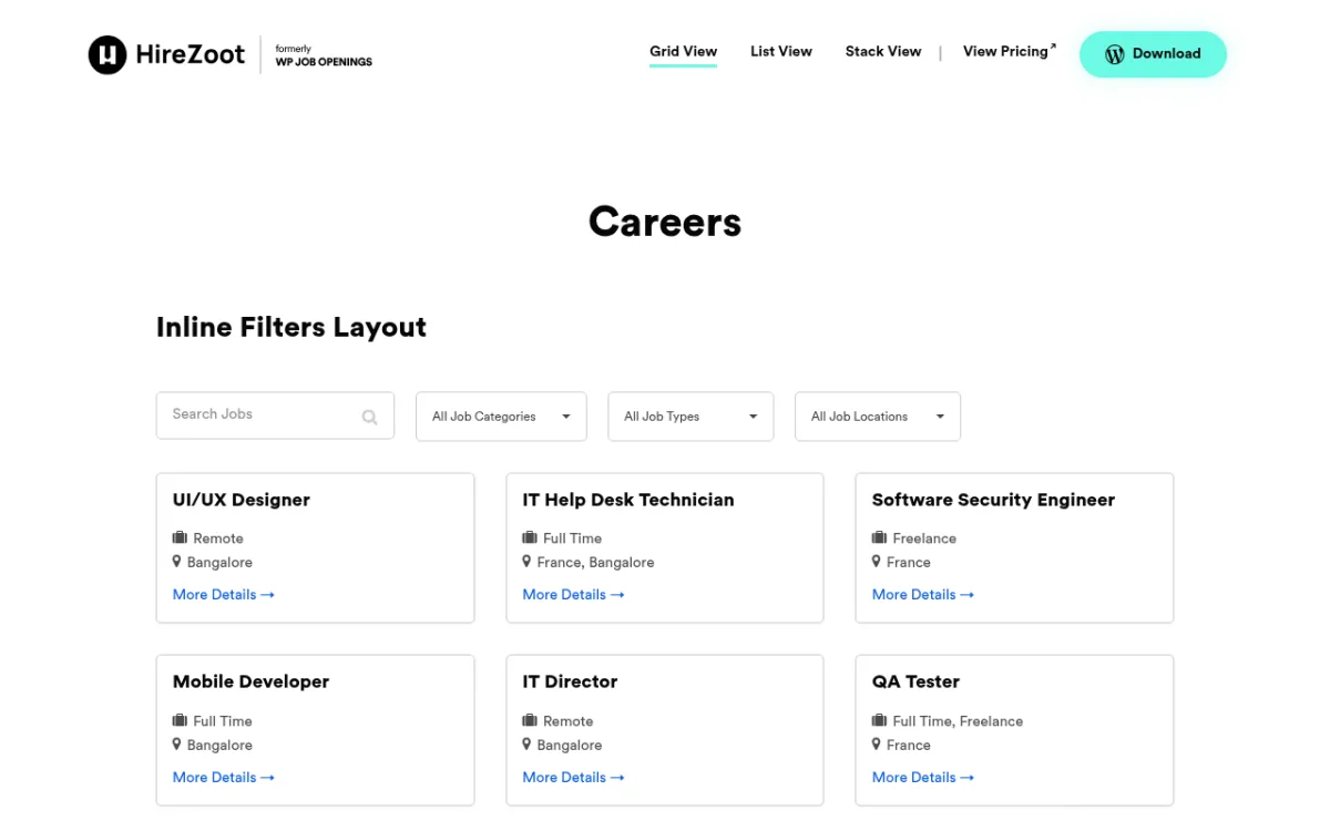 HireZoot demo showing the Careers page in Grid View with job cards for UI/UX Designer, IT Help Desk Technician, and Software Security Engineer, plus inline category and location filter dropdowns