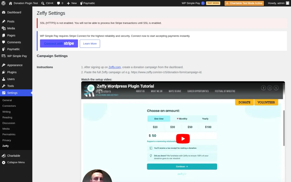 Zeffy plugin settings page in WordPress admin showing organization connection and embed options