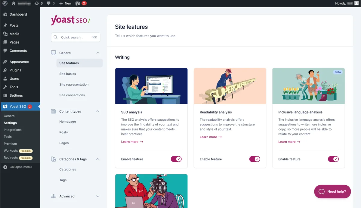 Yoast SEO Site Features admin panel listing SEO analysis, readability analysis and inclusive language analysis with enable toggles