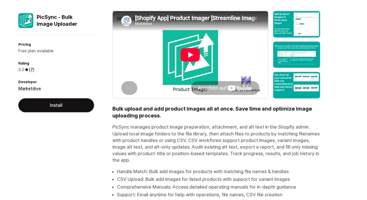 PicSync Bulk Image Uploader Shopify App Store listing