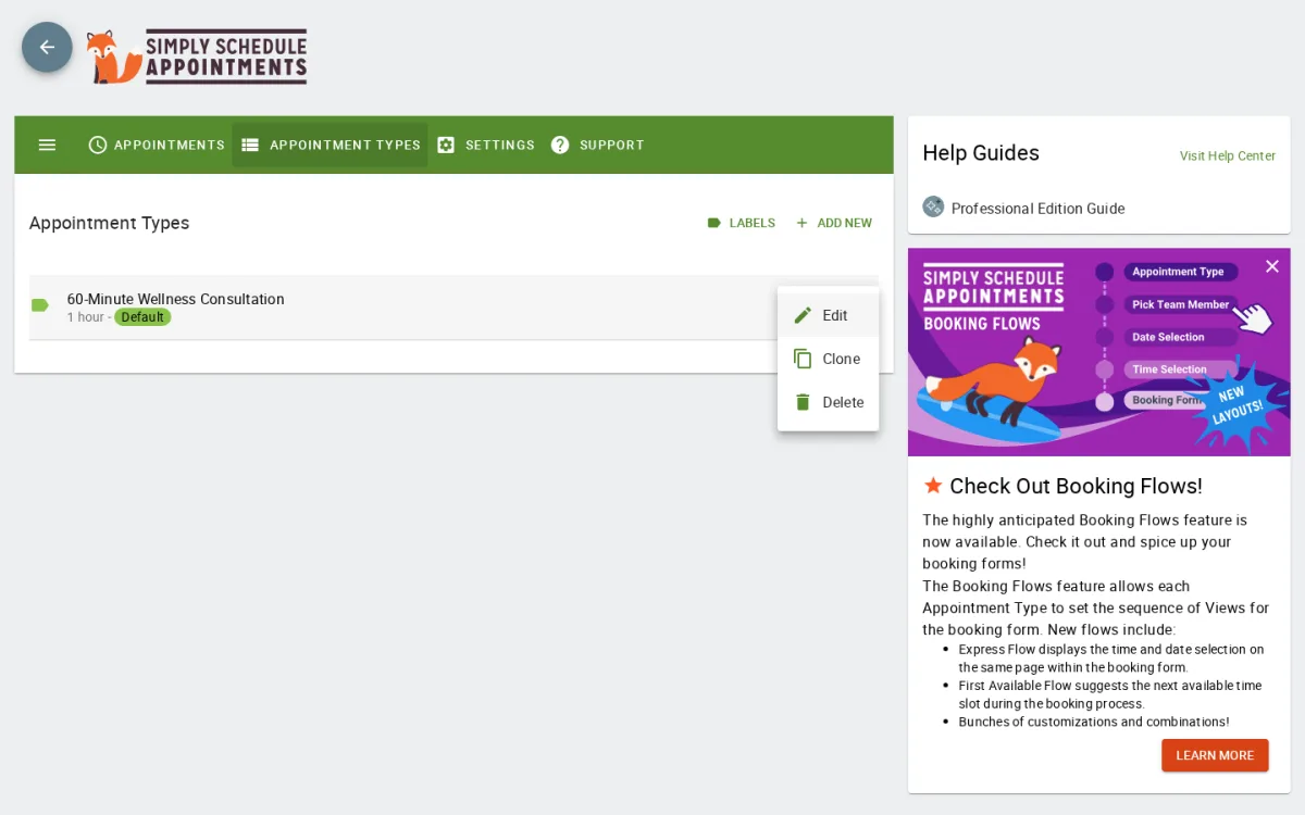 Simply Schedule Appointments — Appointment Type editor with Availability and Scheduling Options accordions