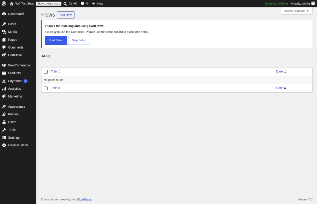 CartFlows 3.1.1 Flows admin screen inside a real WordPress install showing the Flows heading with Add New button, the Thanks for installing and using CartFlows banner with Start Setup and Skip Setup buttons, the CartFlows menu item in the WordPress sidebar, the All (0) filter and the empty Title and Date table reporting No posts found.
