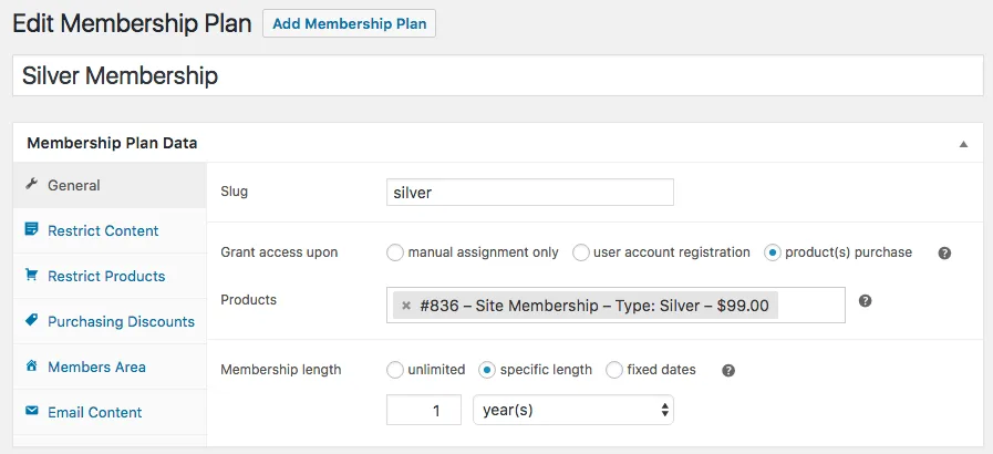 WooCommerce Memberships admin inside the WordPress admin showing the membership plan creation screen with restriction rules, content dripping and member discounts