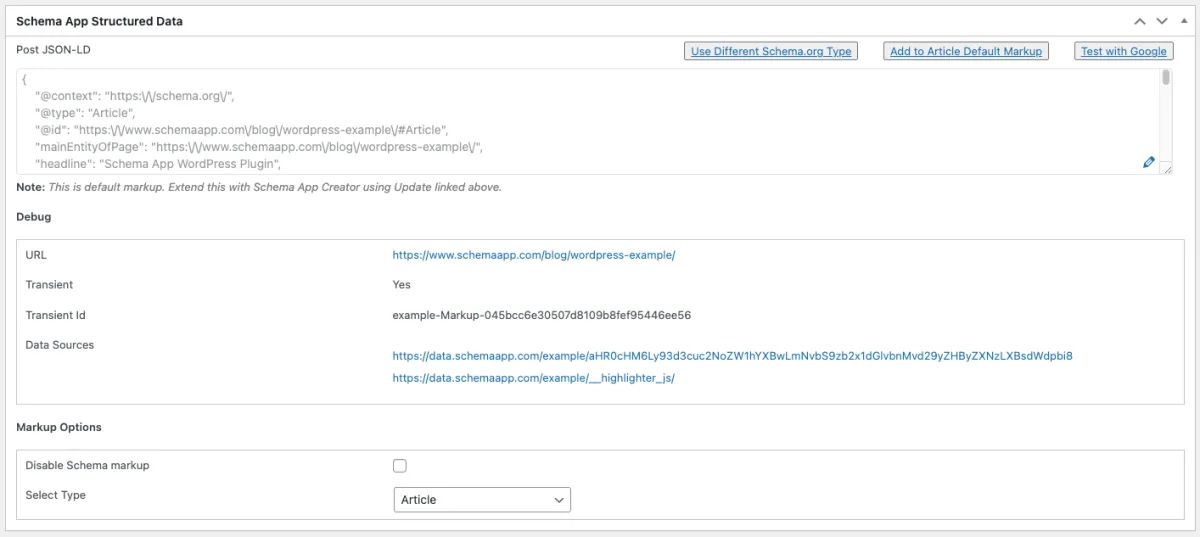 Schema App Structured Data v2.3.1 Schema.org Page Meta Box (vendor WordPress.org assets screenshot) showing the post type schema selector with the current type BlogPosting and the alternative type drop-down (NewsArticle, TechArticle, ScholarlyArticle, Report, Article), the editable JSON-LD preview pane with author, datePublished, headline, image and publisher properties, plus the Test Markup button linking to Google Rich Results and Schema.org Validator.