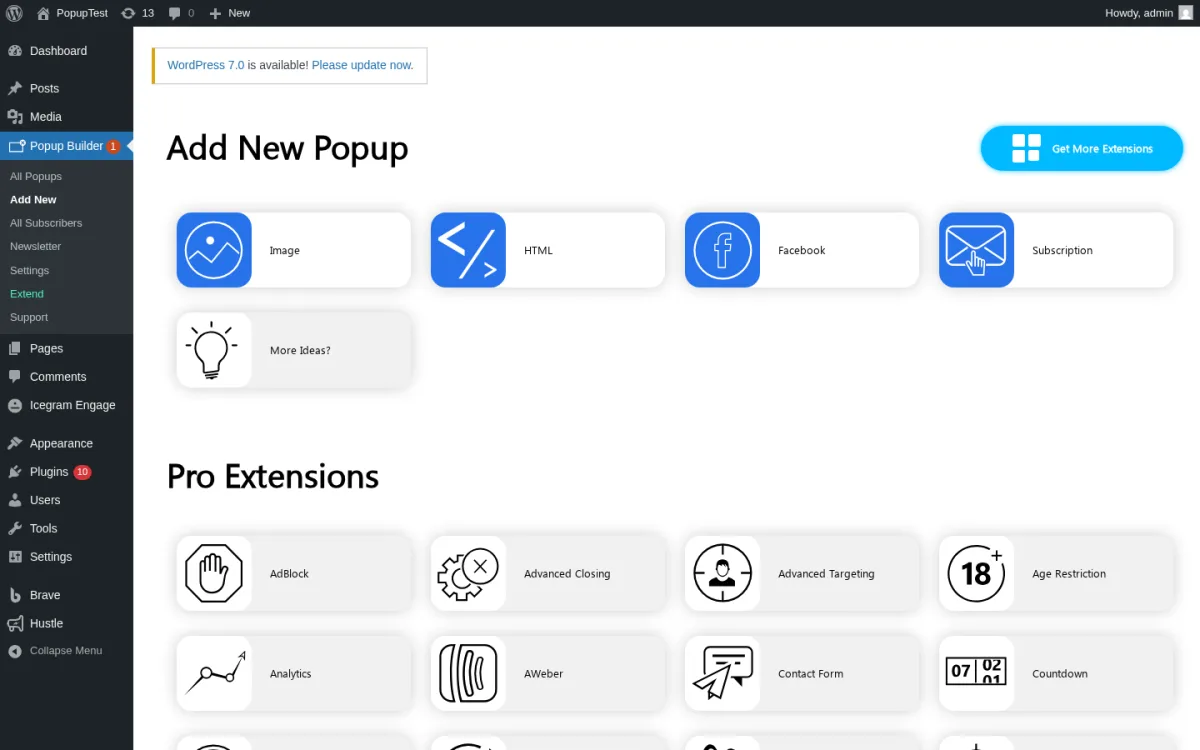 Popup Builder Add New Popup screen inside a real WordPress install showing the four free popup types (Image, HTML, Facebook, Subscription), the More Ideas tile, the Get More Extensions CTA, and the start of the Pro Extensions catalog with AdBlock, Advanced Closing, Advanced Targeting, Age Restriction, Analytics, AWeber, Contact Form and Countdown tiles