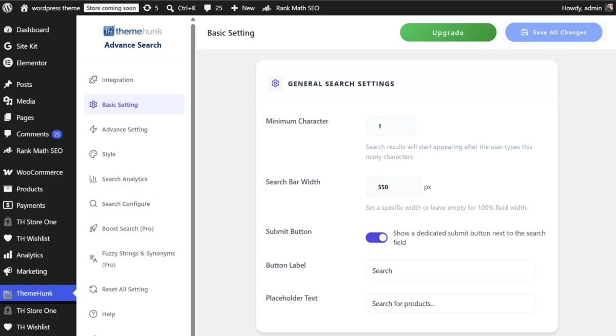 Advance Product Search by ThemeHunk plugin showing the AJAX live search results in a WooCommerce store frontend.