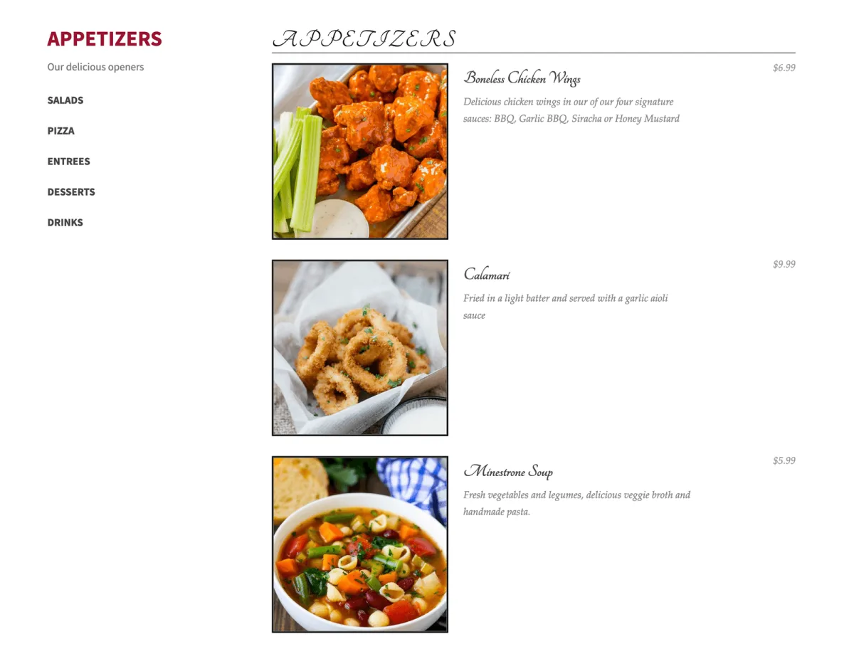 Five Star Restaurant Menu frontend Appetizers section with photos of menu items, item names, short descriptions and prices and a sidebar listing menu categories such as Salads, Pizza, Entrees, Desserts and Drinks
