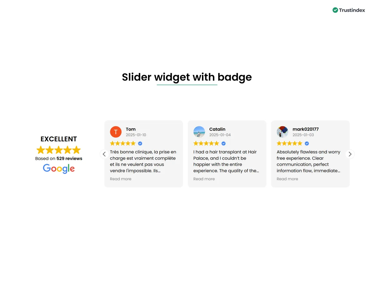 Trustindex Google Reviews slider widget showing an EXCELLENT badge with 5 stars and 529 Google reviews on the left, next to three reviewer cards in a horizontal slider with names, dates, star ratings, and review excerpts