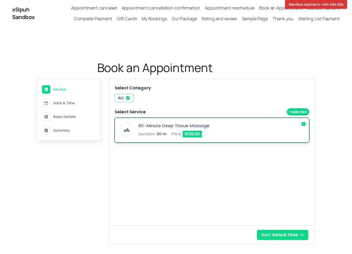 BookingPress front-end booking widget — Service step with the configured service selected