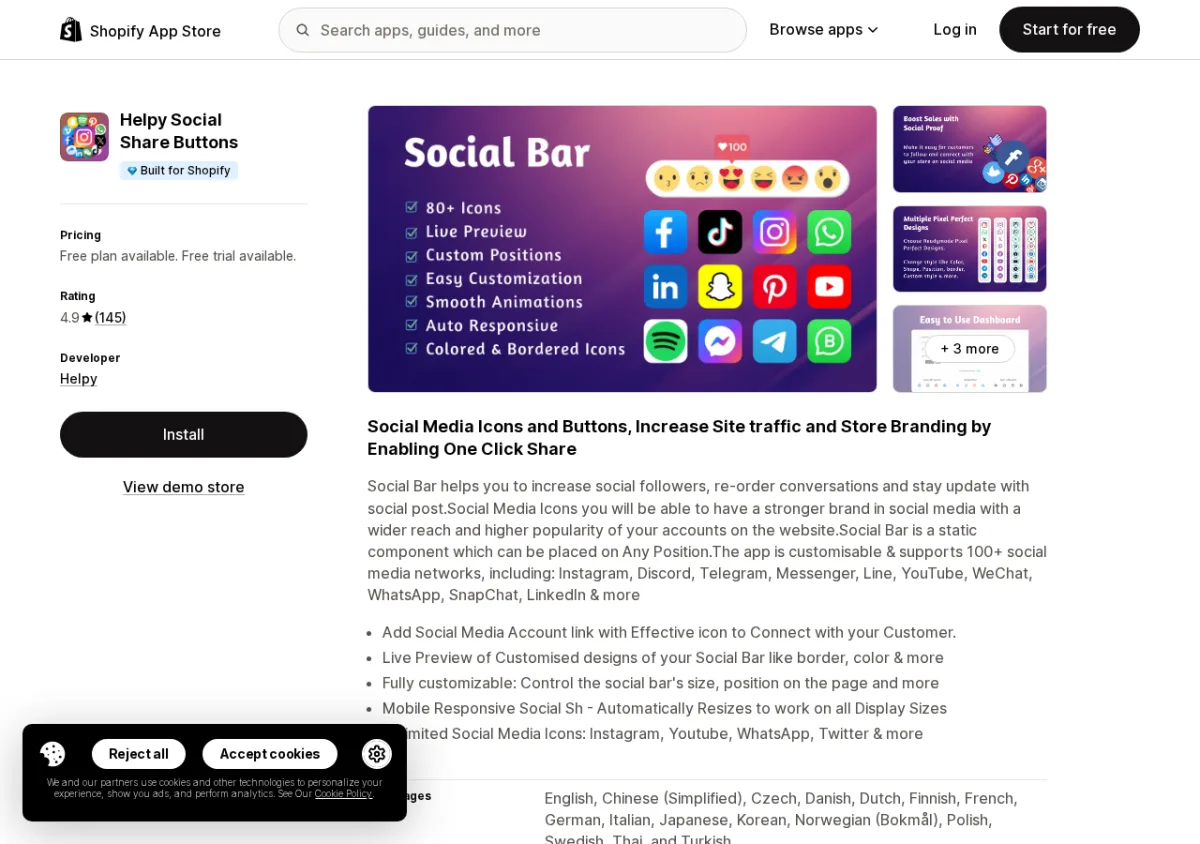 Helpy Social Share Buttons Shopify App Store listing showing the app name, 4.9-star rating, and social sharing button interface screenshots