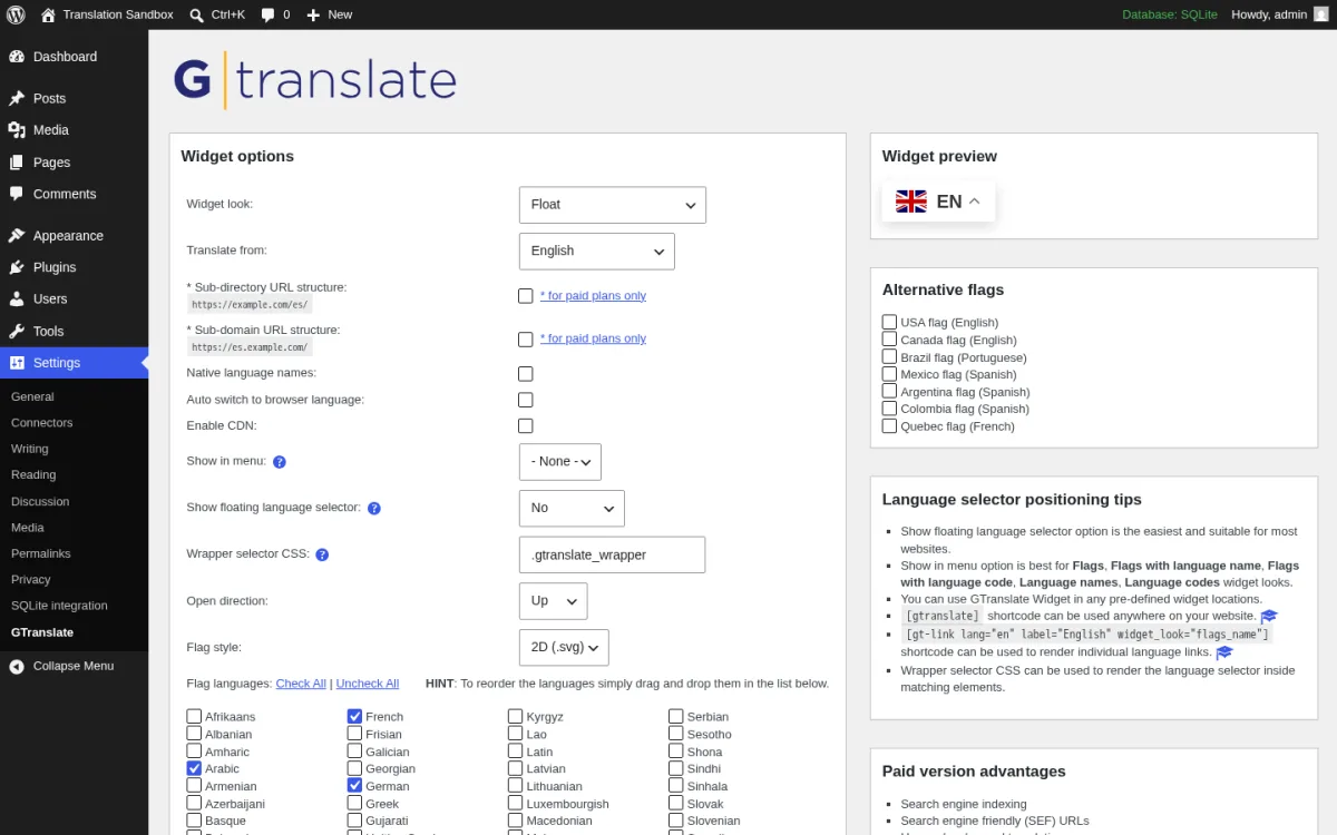 GTranslate 3.1.1 Options page inside a real WordPress 7.0 install showing the Widget options column (Widget look drop-down set to Float, Translate from English language drop-down, Native language names checkbox, Auto switch to browser language toggle, Show floating language selector controls, Open dropper alignment), the Preview column on the right with the live floating English flag widget preview, the Alternative flags panel under Preview, the Language selector positioning tips card with code examples, the Paid version advantages card listing analytics, image translation, SEO friendly URLs, multilingual sitemap, and the Flag languages checkbox grid with 56 languages preselected (Afrikaans through Yiddish) at the bottom.