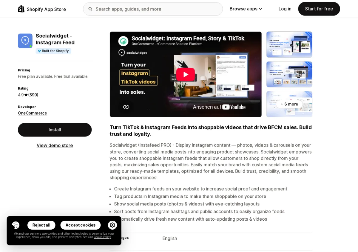 Socialwidget by OneCommerce Shopify App Store listing showing the app name, 4.9-star rating, and Instagram feed layout screenshots