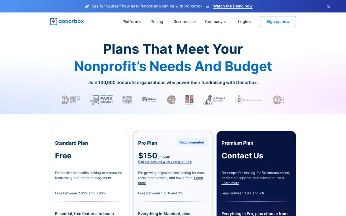 Donorbox pricing page showing Standard free plan with 2.95 percent platform fee, Pro at 150 per month, and Premium contact-for-pricing