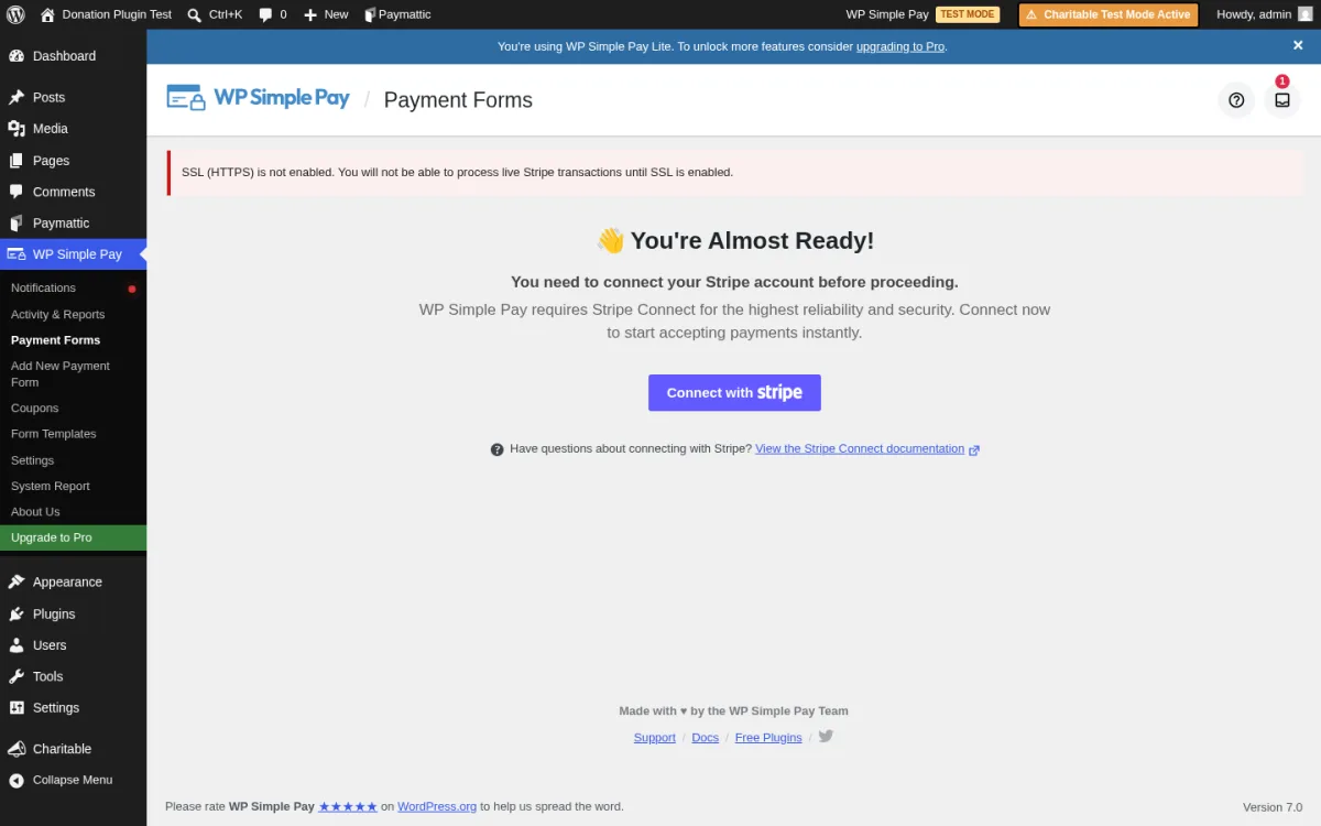 WP Simple Pay new form setup screen with form name, type selector, and Stripe connection status