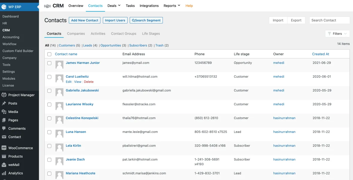 WP ERP CRM contact list screen inside the WordPress admin showing customer records and lead status
